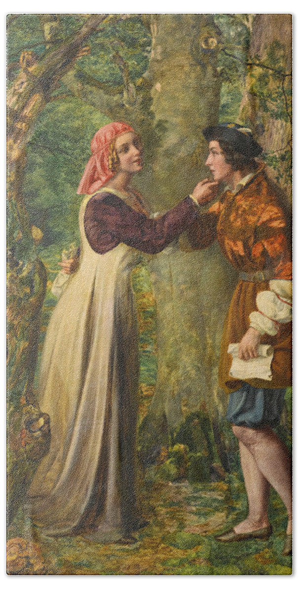 Edward William Rainford Bath Towel featuring the painting Rosalind Telling Celia that Orlando is in the Forest by Edward William Rainford