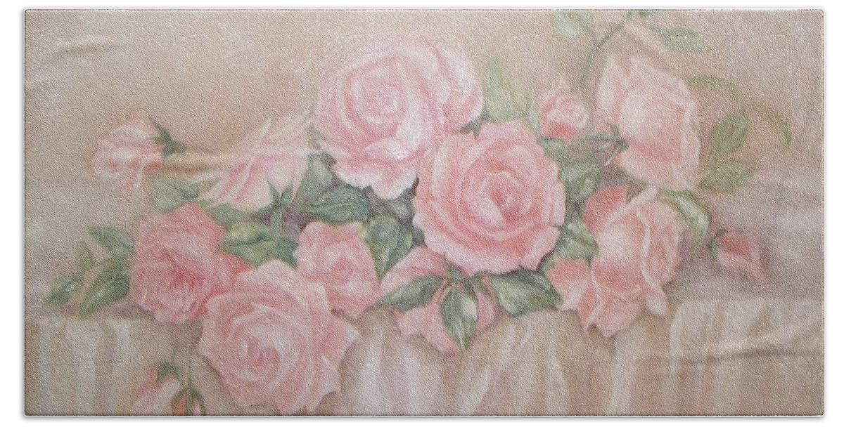 Pink Roses Hand Towel featuring the painting Rose Abundance Painting by Chris Hobel