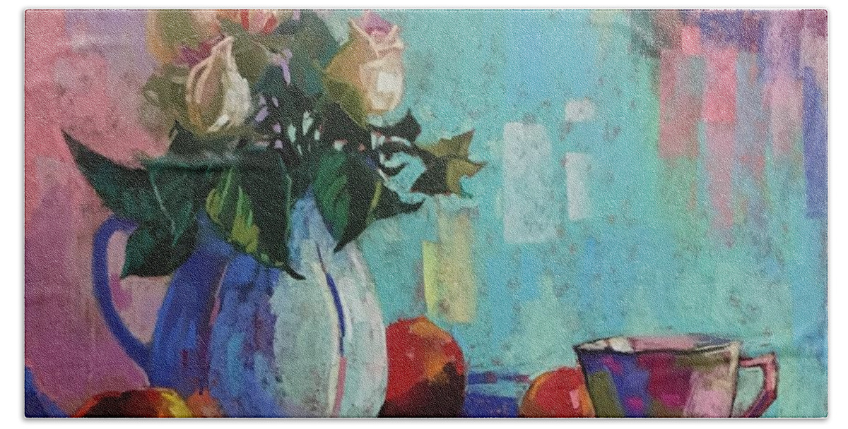 Still Life Bath Towel featuring the painting Rose and peaches still life by Celine K Yong
