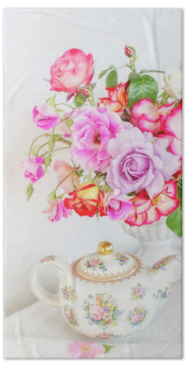 Roses Hand Towel featuring the photograph Rose Bouquet and Vintage Teapot by Susan Gary