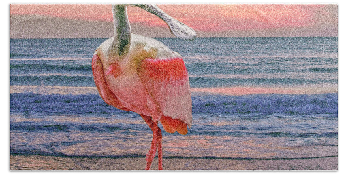 Roseate Spoonbill Hand Towel featuring the photograph Roseate Spoonbill at sundown by Brian Tarr