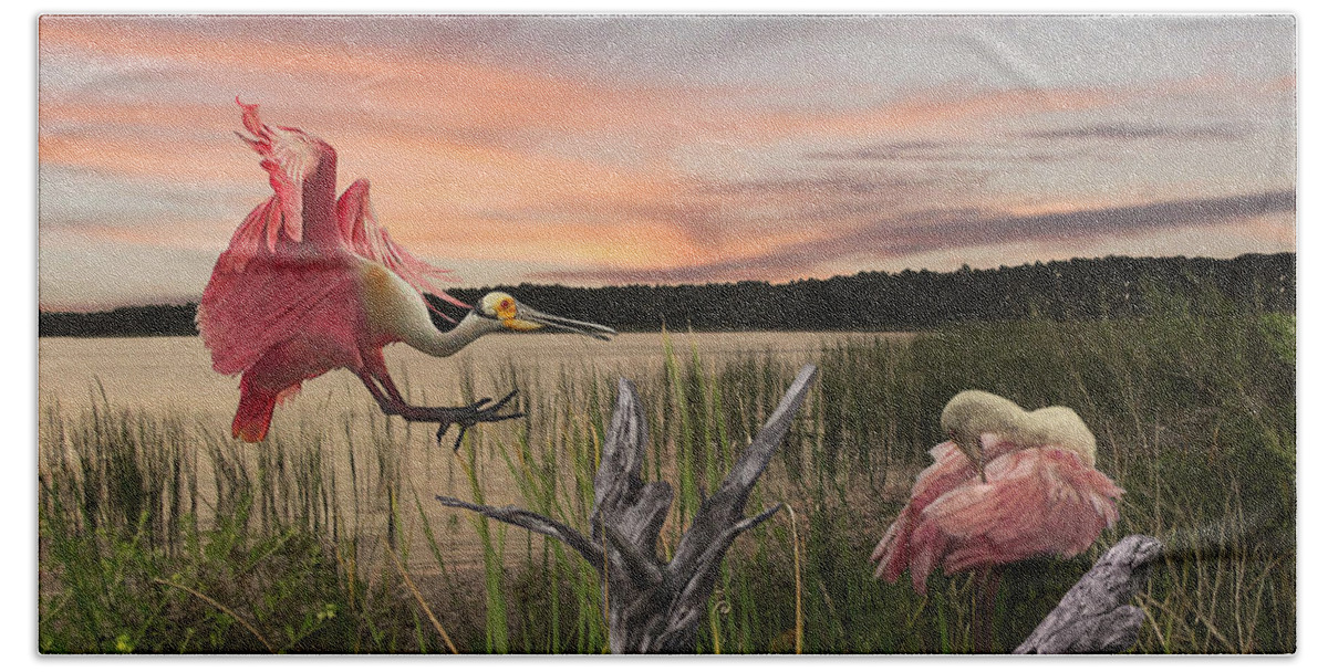 Birds Bath Towel featuring the digital art Roseate Spoonbills on Florida's Gulf Coast by M Spadecaller