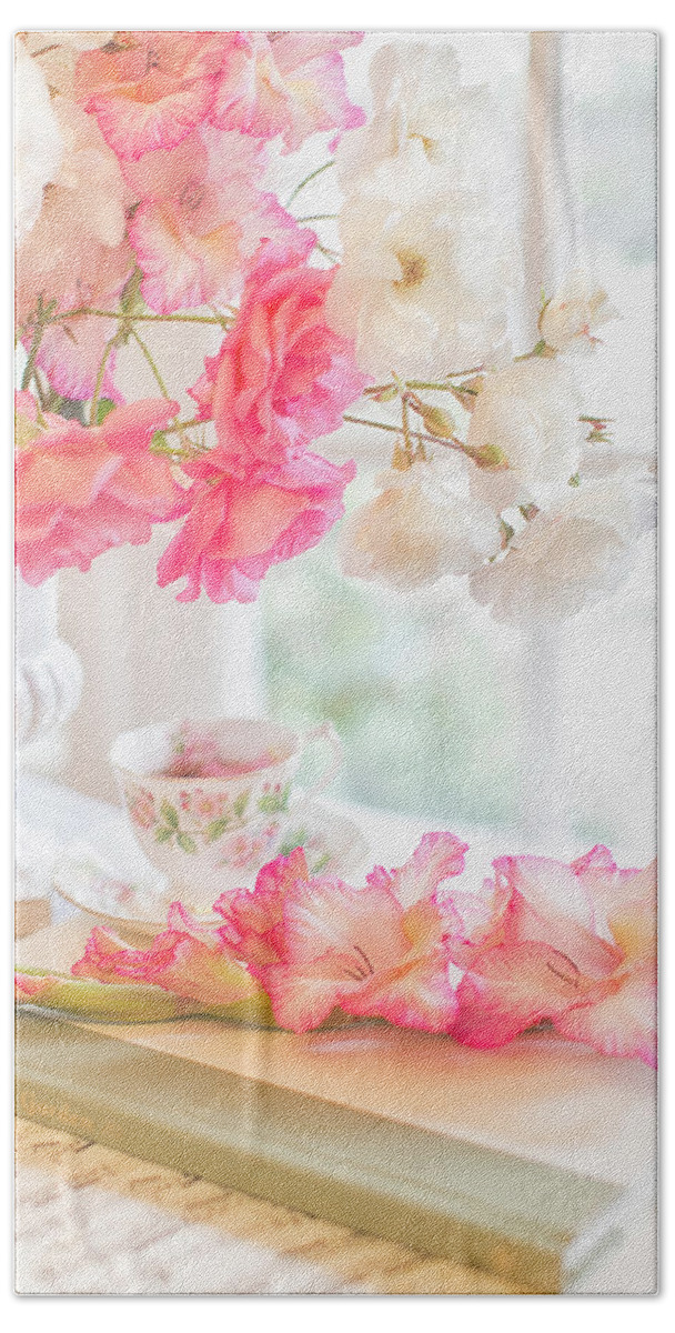 Flowers Hand Towel featuring the photograph Roses and Gladiolus in Morning Light by Susan Gary