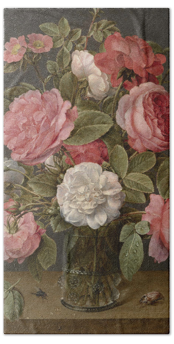 Glass Vase Hand Towel featuring the painting Roses in a Glass Vase by Jacob van Hulsdonck