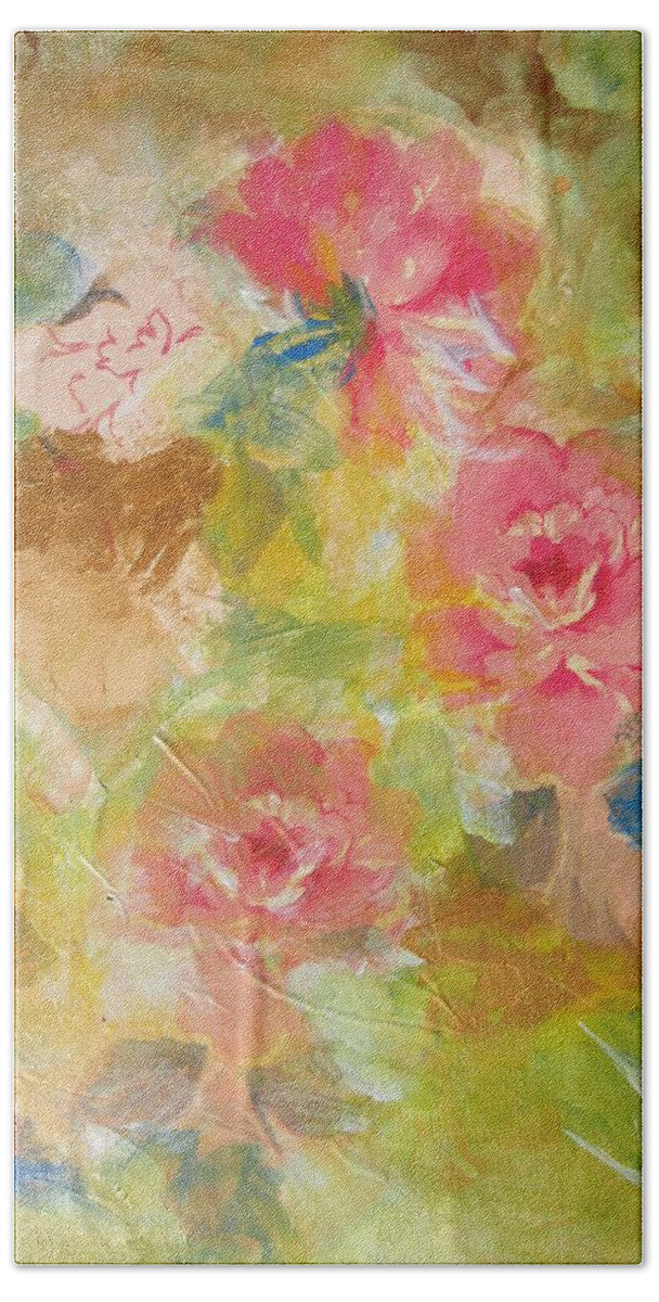 Pink Roses Hand Towel featuring the painting Roses in Bloom by Denice Palanuk Wilson