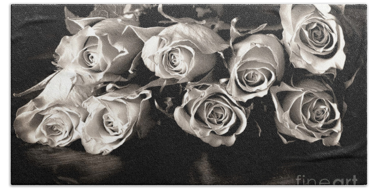 Roses Bath Towel featuring the photograph Roses on a table in black and white by Simon Bratt