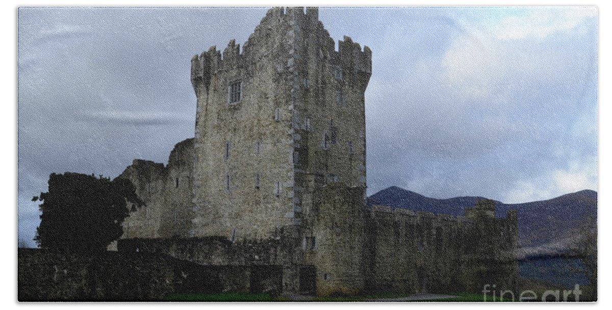 Ross-castle Bath Towel featuring the photograph Ross Castle Ruins in Killarney Ireland on a Cloudy Day by DejaVu Designs