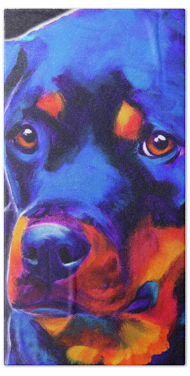 Pet Portrait Hand Towel featuring the painting Rottweiler - Dexter Serious by Dawg Painter