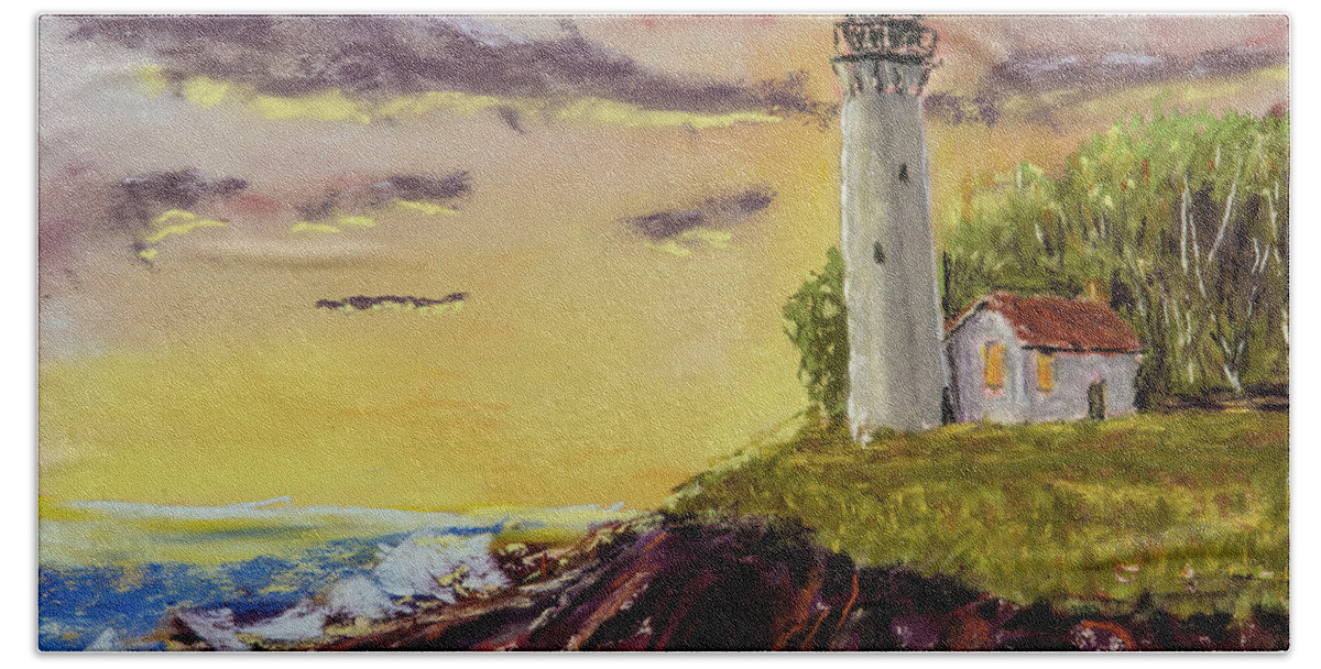 Lighthouse Bath Towel featuring the painting Rough Seas at Sunset by Barry Jones
