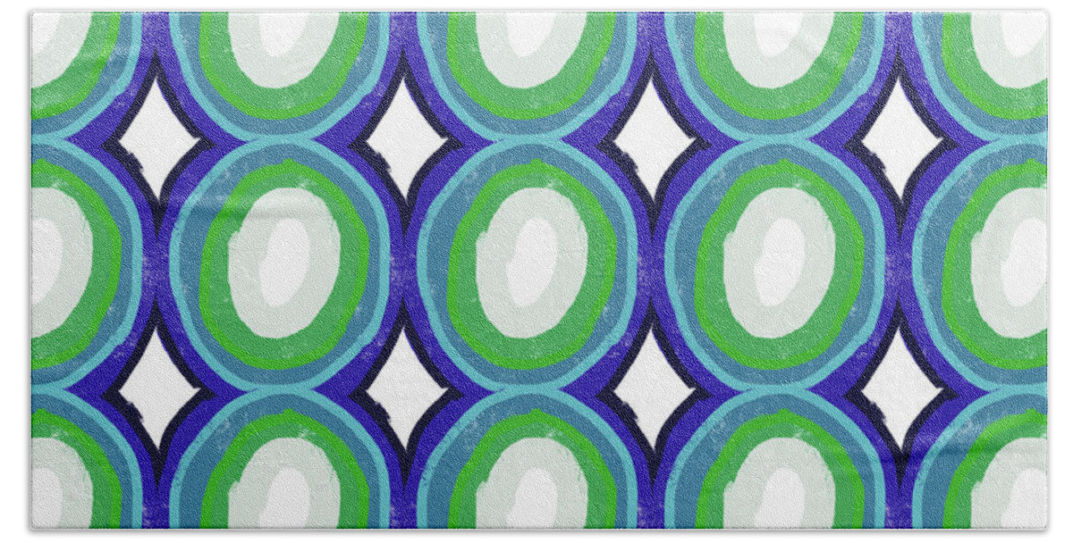 Circles Bath Towel featuring the digital art Round and Round Blue and Green- Art by Linda Woods by Linda Woods