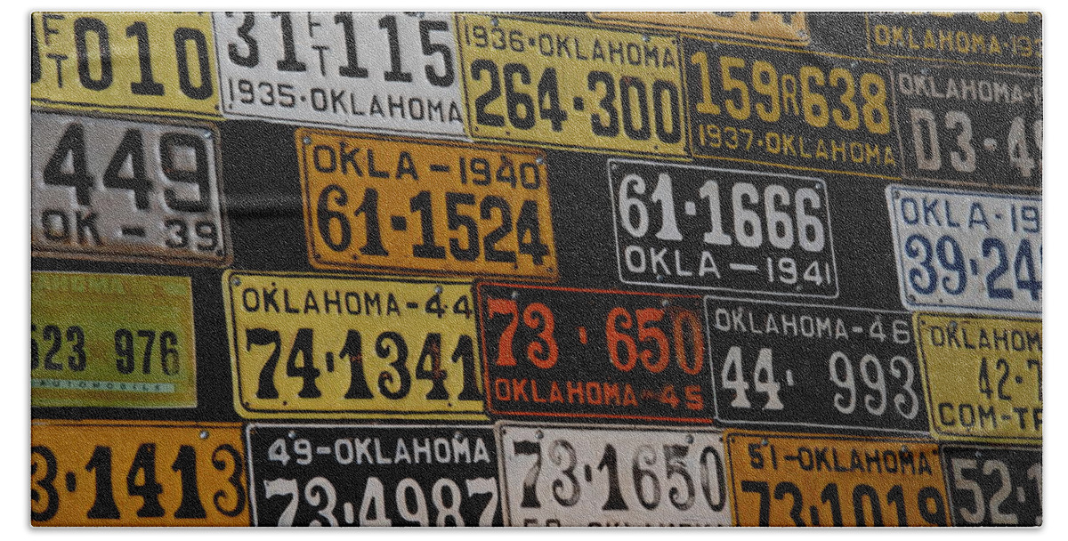 Route 66 Bath Towel featuring the photograph Route 66 Oklahoma Car Tags by Susanne Van Hulst