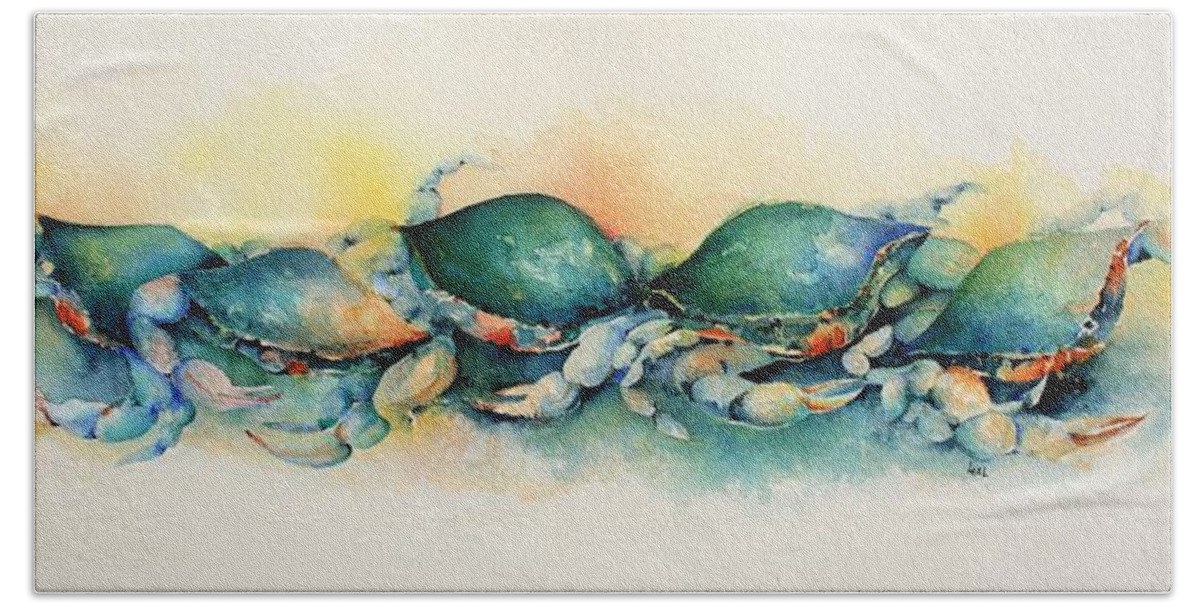 Crabs Bath Towel featuring the painting Row of Crabs by Lael Rutherford
