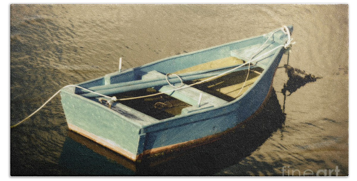 Blue Rowboat At Twilight Bath Towel featuring the photograph Rowboat at Twilight by Mary Machare