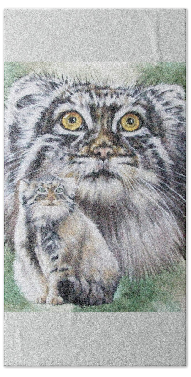 Pallas' Cat Hand Towel featuring the mixed media Rowdy by Barbara Keith