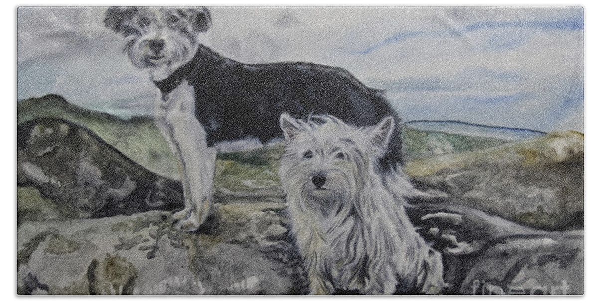 Bearded Terrier Hand Towel featuring the painting Roxie And Skye by James Lavott
