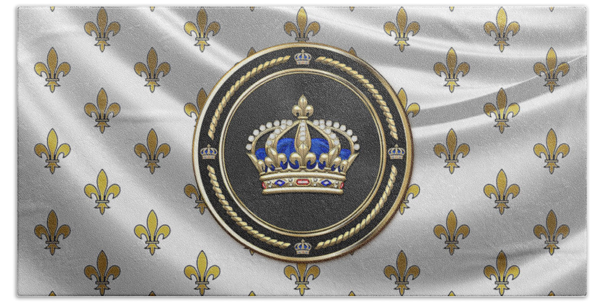 'royal Collection' By Serge Averbukh Bath Towel featuring the digital art Royal Crown of France over Royal Standard by Serge Averbukh