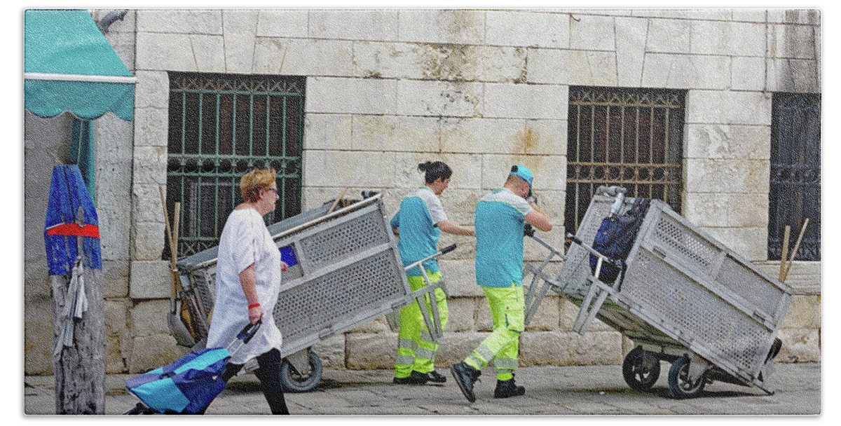 Rubbish Bath Towel featuring the photograph Rubbish Collection Personnel In Venice, Italy by Rick Rosenshein