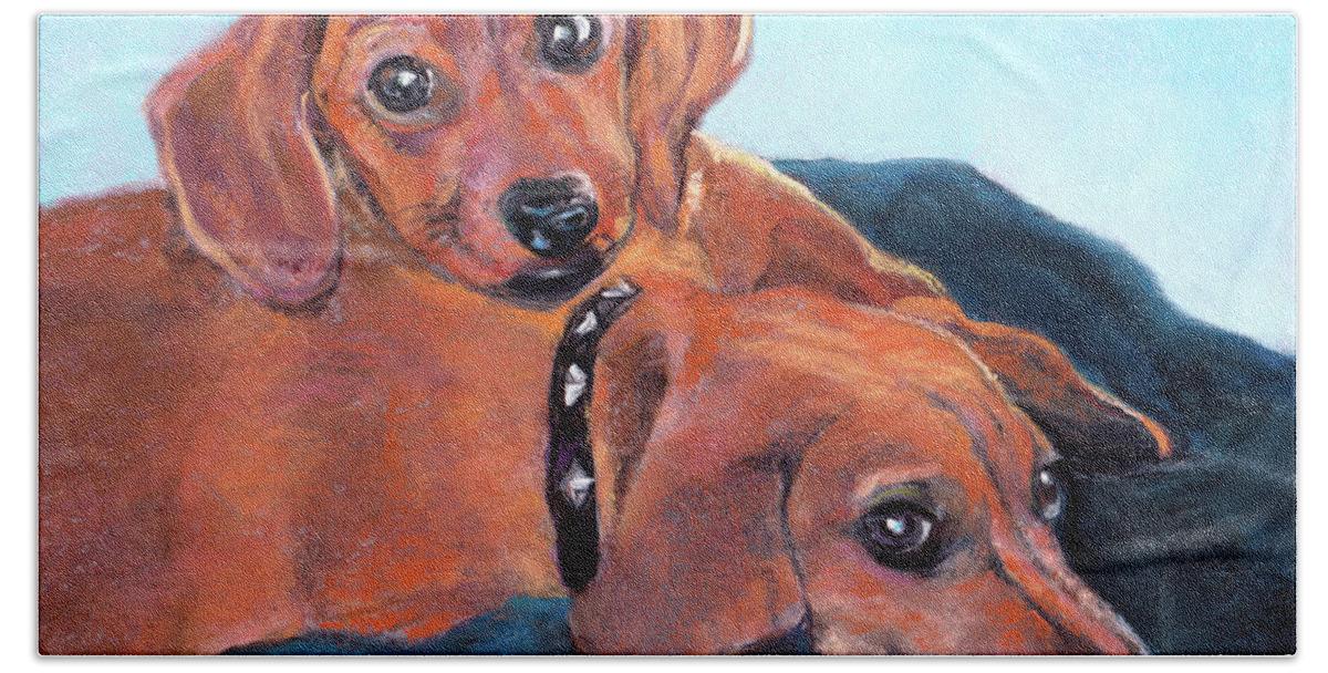 Dachshunds Hand Towel featuring the painting Ruby and Rainbow by Julie Maas