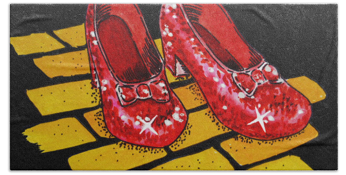 Wizard Of Oz Bath Towel featuring the painting Ruby Slippers From Wizard Of Oz by Irina Sztukowski
