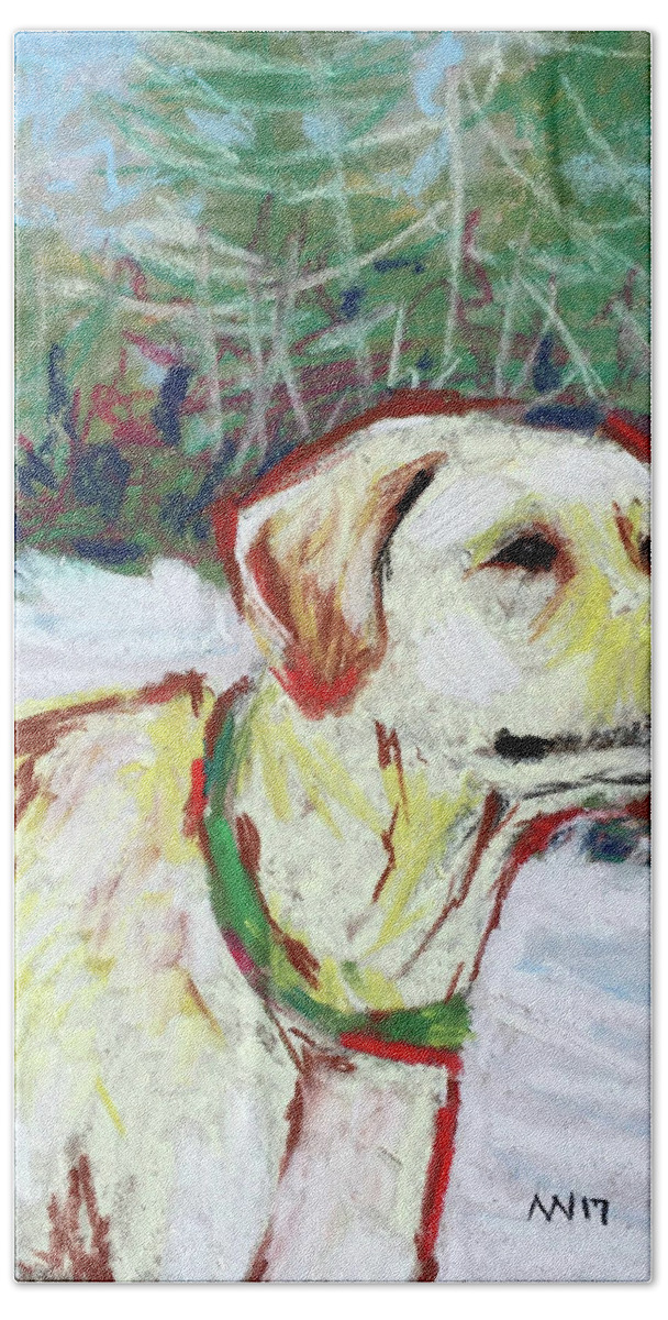 Yellow Lab Hand Towel featuring the pastel Rudy by AnneMarie Welsh