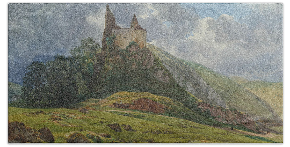 19th Century Art Bath Towel featuring the drawing Ruin of Burg Schachenstein at Thorl in Styria by Thomas Ender