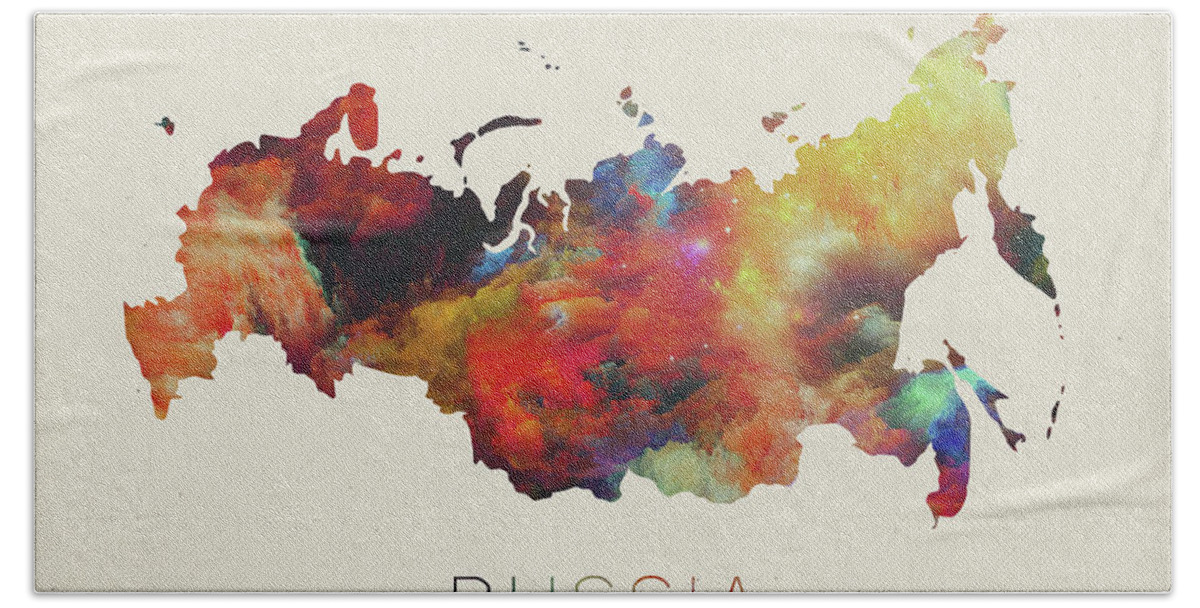 Russia Hand Towel featuring the mixed media Russia Watercolor Map by Design Turnpike