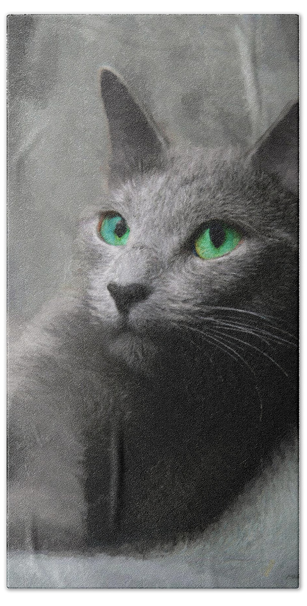 Cat Bath Sheet featuring the painting Russian Blue Cat - Painting by Ericamaxine Price