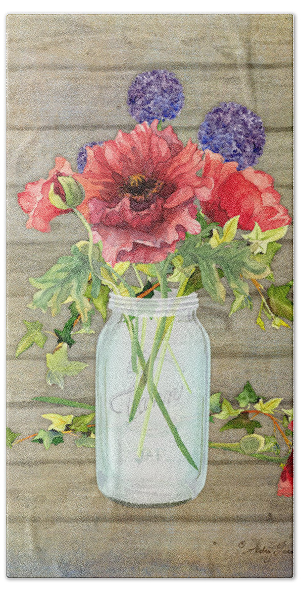 Watercolor Bath Towel featuring the painting Rustic Country Red Poppy w Alium n Ivy in a Mason Jar Bouquet on Wooden Fence by Audrey Jeanne Roberts