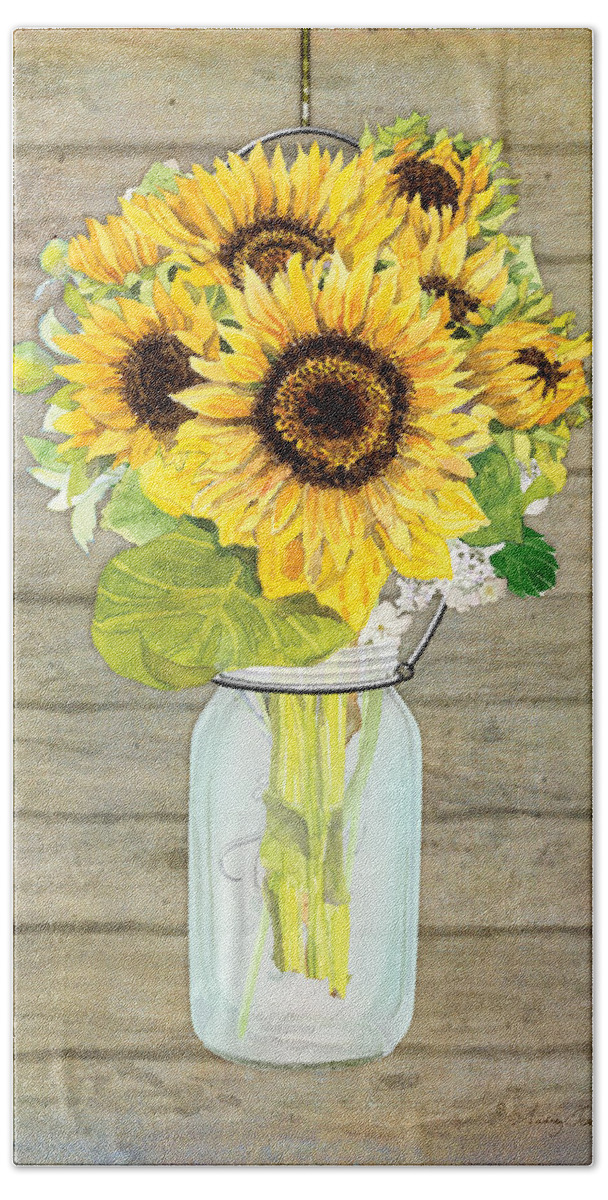 Watercolor Hand Towel featuring the painting Rustic Country Sunflowers in Mason Jar by Audrey Jeanne Roberts