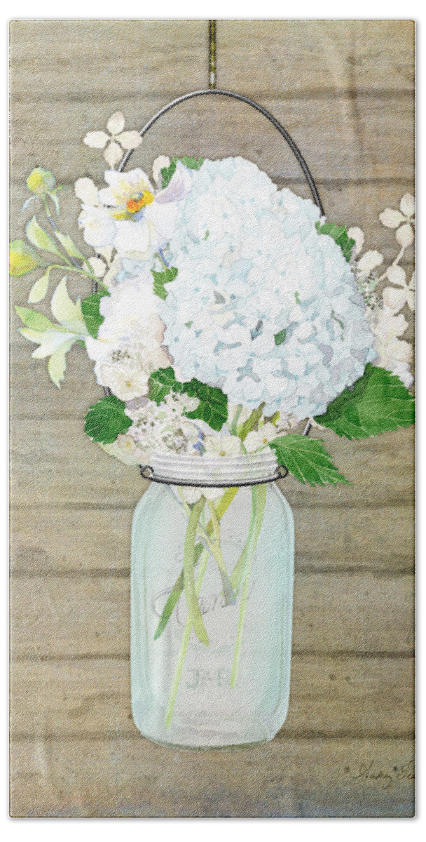 White Hydrangea Bath Towel featuring the painting Rustic Country White Hydrangea n Matillija Poppy Mason Jar Bouquet on Wooden Fence by Audrey Jeanne Roberts