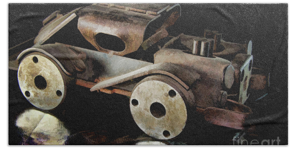 Toy Rat Rod Bath Towel featuring the photograph Rusty Rat Rod Toy by Wilma Birdwell