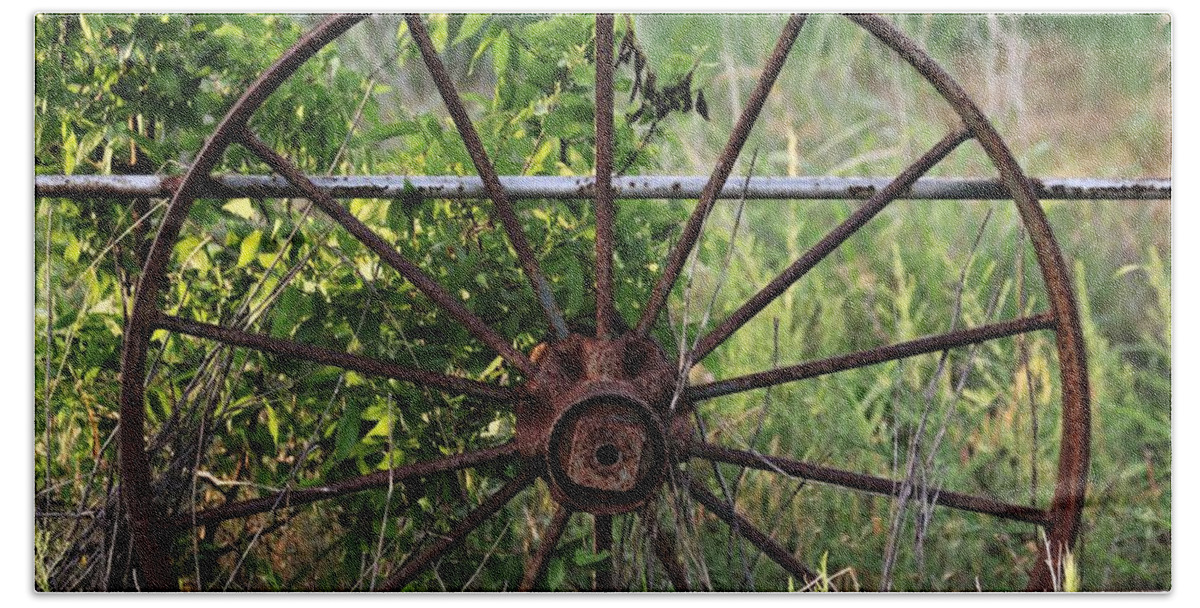 Objects Bath Towel featuring the photograph Rusty Wagon Wheel on Fence by Sheila Brown