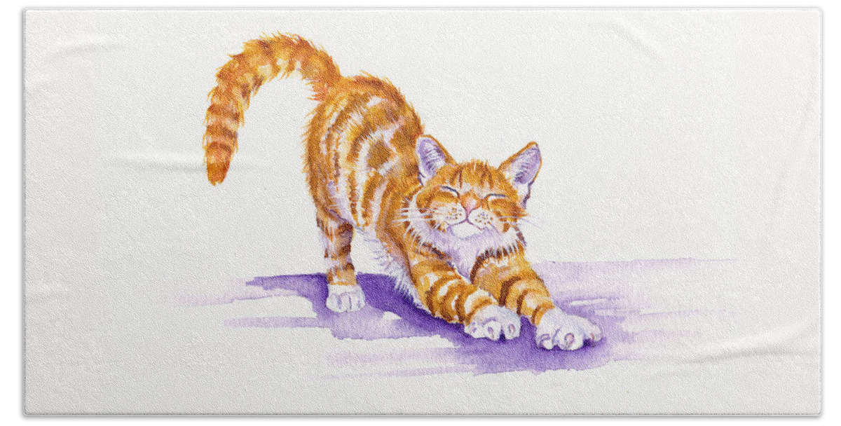 Cats Hand Towel featuring the painting S-T-R-E-T-C-H  Ginger Cat by Debra Hall