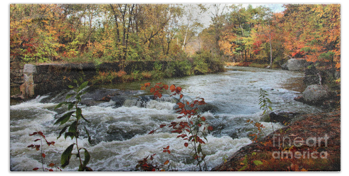 Landscape Bath Towel featuring the photograph Sabattus River in Fall Panorama by Sandra Huston