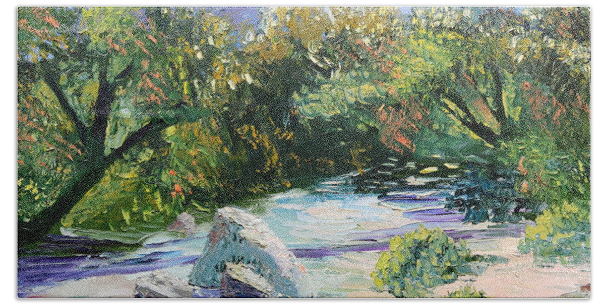Landscape Bath Towel featuring the painting Sabino Canyon in the morning by Madeleine Shulman