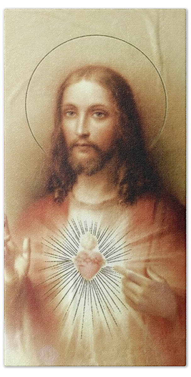 Sacred Heart Of Jesus Bath Towel featuring the mixed media Sacred Heart of Jesus by Movie Poster Prints