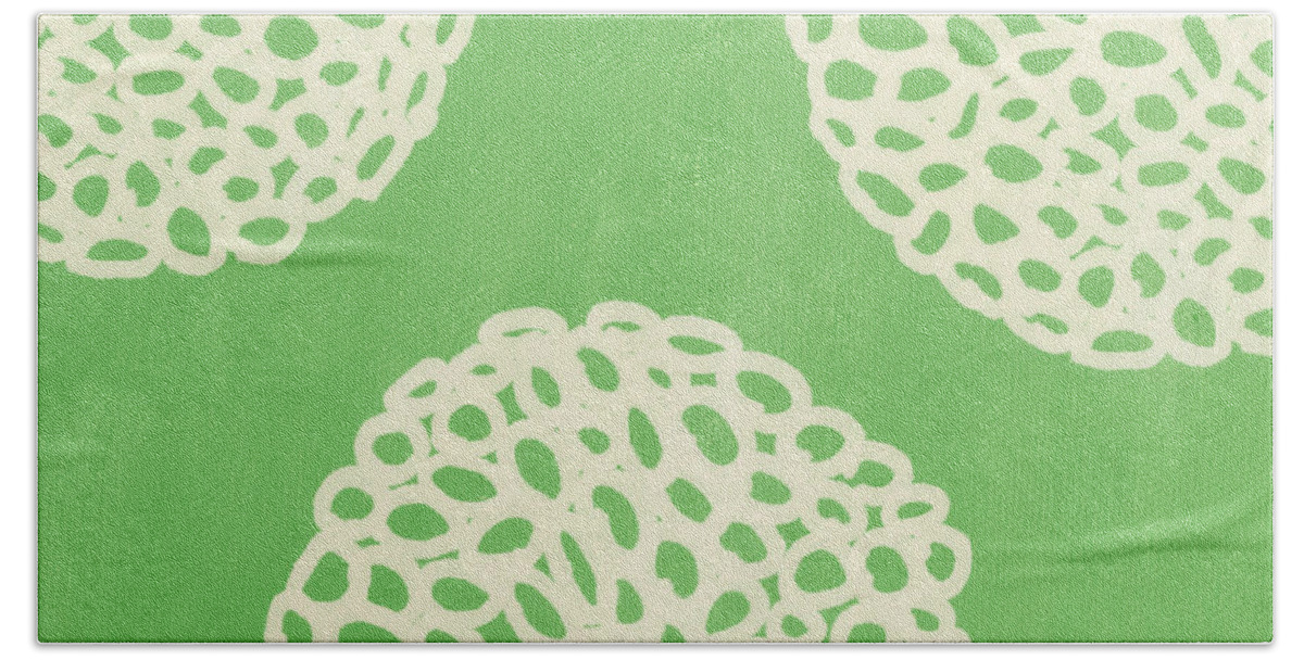 Sagegreen White Doodle Painting Abstract Ball Poof pottery Barn Style crate And Barrel Style west Elm Style ikea Style Pattern Dandelion Bath Towel featuring the painting Sage Garden Bloom by Linda Woods