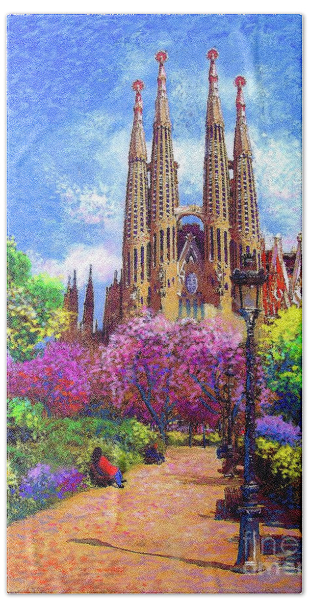 Spain Bath Towel featuring the painting Sagrada Familia and Park Barcelona by Jane Small