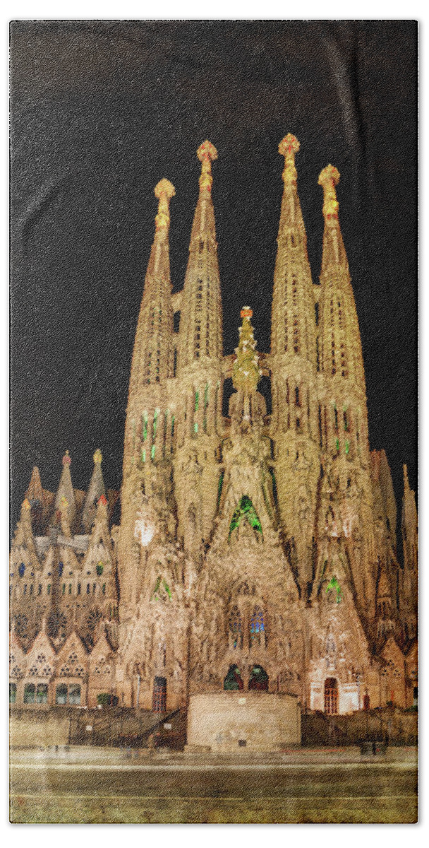 Sagrada Familia Bath Towel featuring the photograph Sagrada Familia at night - Gaudi by Weston Westmoreland
