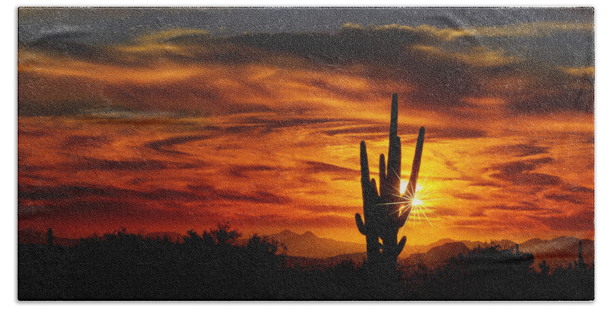Saguaro Hand Towel featuring the photograph Saguaro Sunset H31 by Mark Myhaver