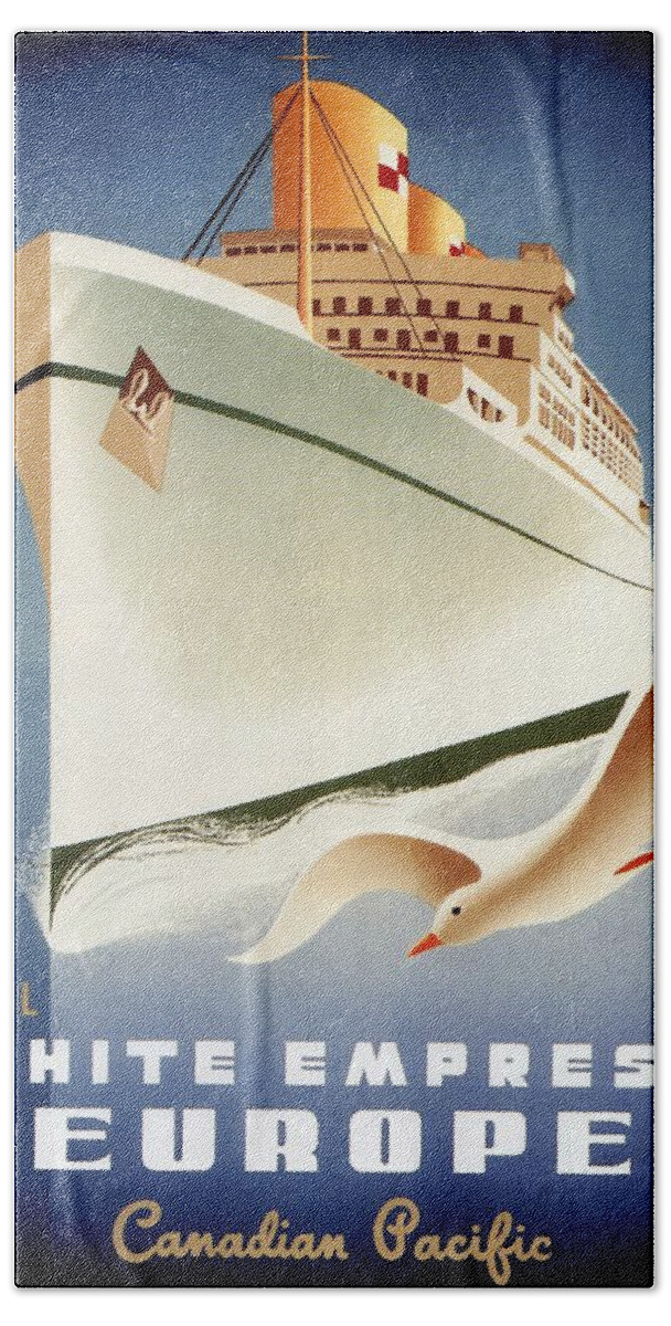 Canadian Pacific Bath Sheet featuring the mixed media Sail White Empress to Europe - Canadian Pacific - Retro travel Poster - Vintage Poster by Studio Grafiikka
