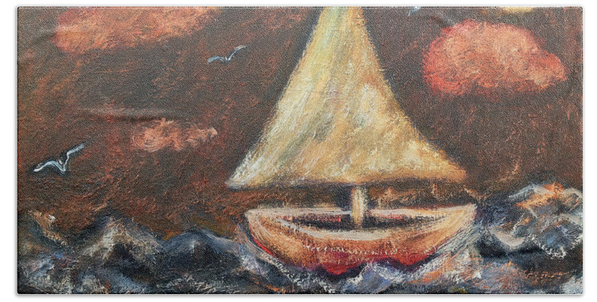 Katt Yanda Original Art Landscape Oil Painting Canvas Sailboat Waves Ocean See Sun Birds Bath Towel featuring the painting Sailboat at Sea by Katt Yanda