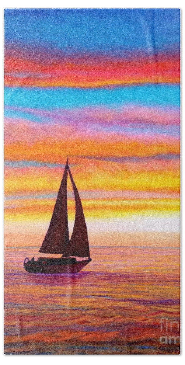 Waterscape Hand Towel featuring the painting Sailboat at Sunset by Sarah Irland