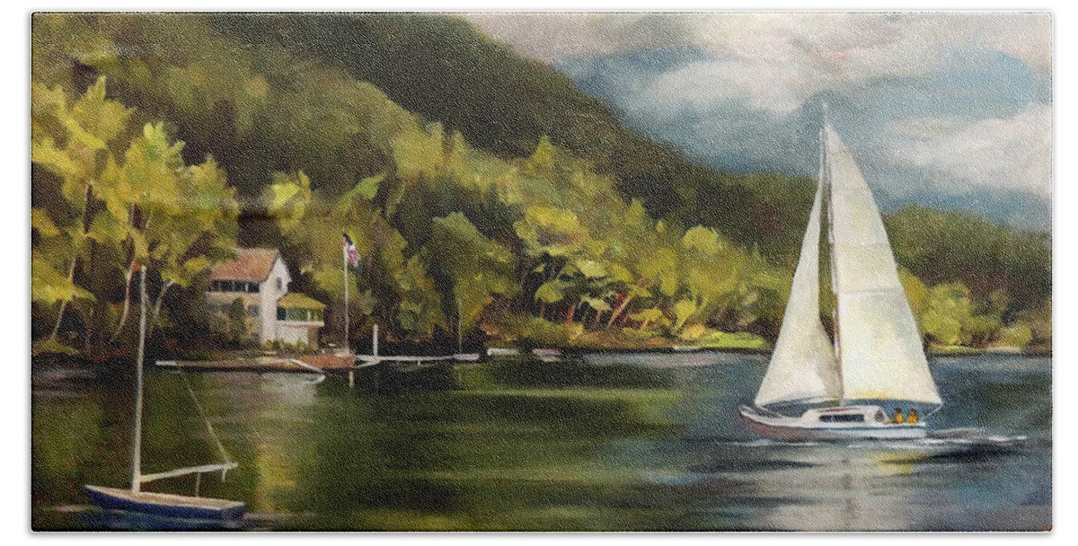 Lake Morey Bath Towel featuring the painting Sailboat on Lake Morey by Nancy Griswold