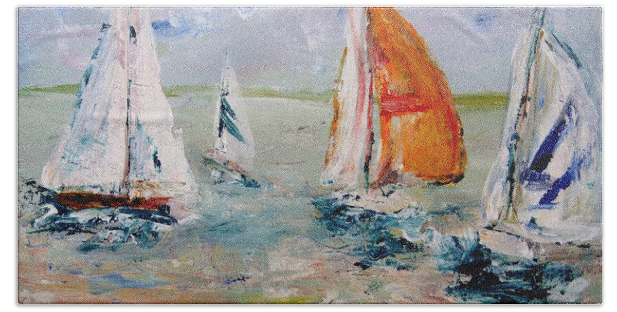 Sailboats And Abstract 2 Bath Towel featuring the painting Sailboat studies 3 by Julie Lueders 