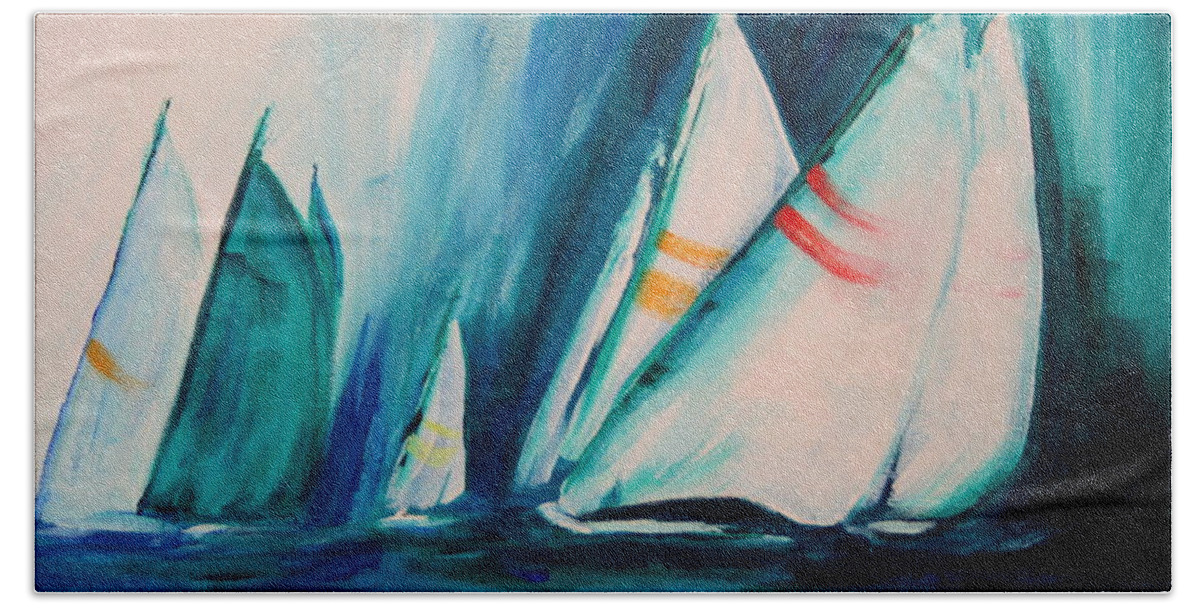 Sailboats And Abstract 2 Bath Towel featuring the painting Sailboat studies by Julie Lueders 