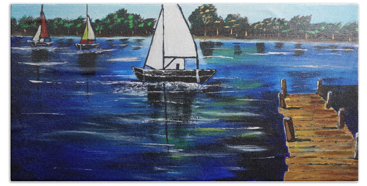 Landscape Bath Towel featuring the painting Sailboats and Pier by Jimmy Clark