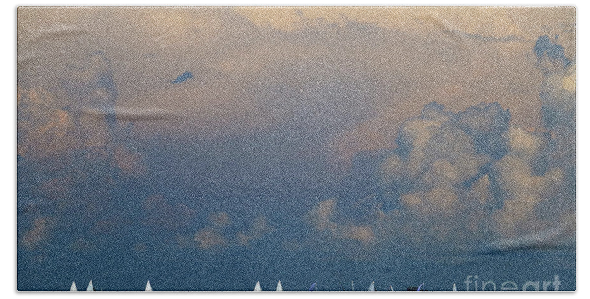 Landscape Hand Towel featuring the photograph Sailboats and Thunderheads by Mary Haber