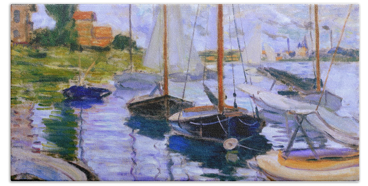 Claude Monet Hand Towel featuring the painting Sailboats on the Seine at Petit Gennevilliers Claude Monet 1874 by Movie Poster Prints
