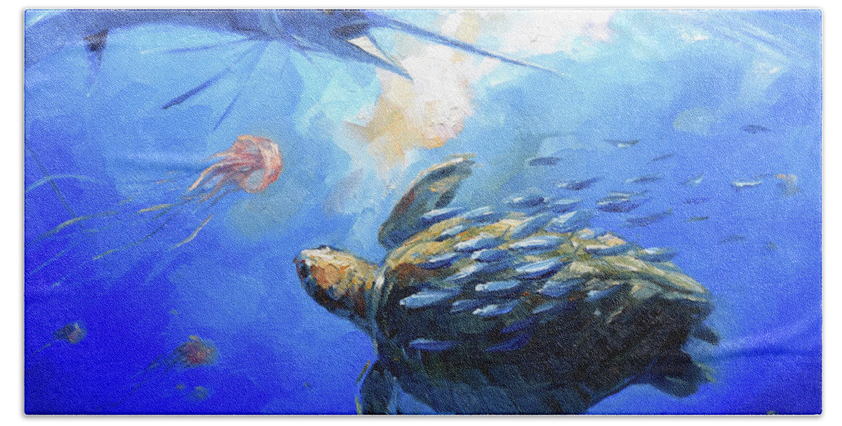 Sea Turtle Hand Towel featuring the painting Sailfish and Turtle by Tom Dauria